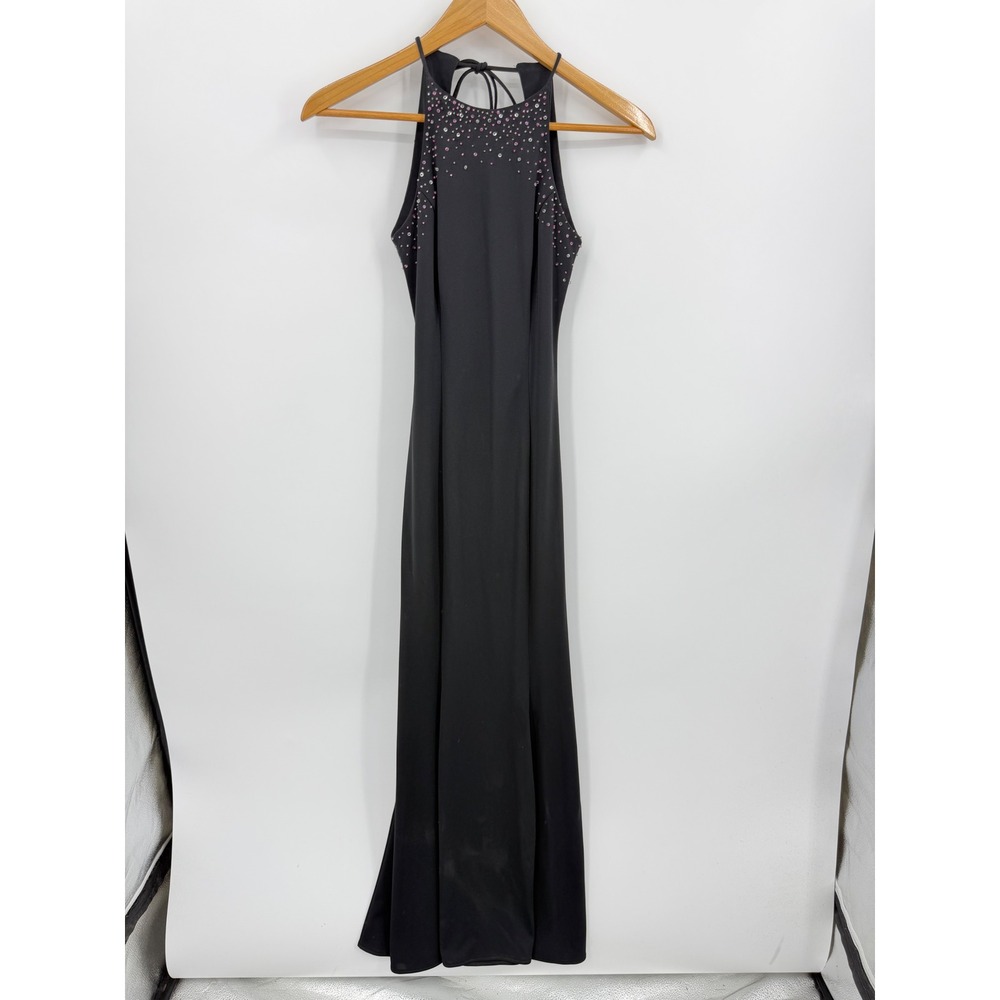 Zum Zum Niki Livas Beaded Halter Gown Women 1/2 Black Open Back vtg 90s Dress